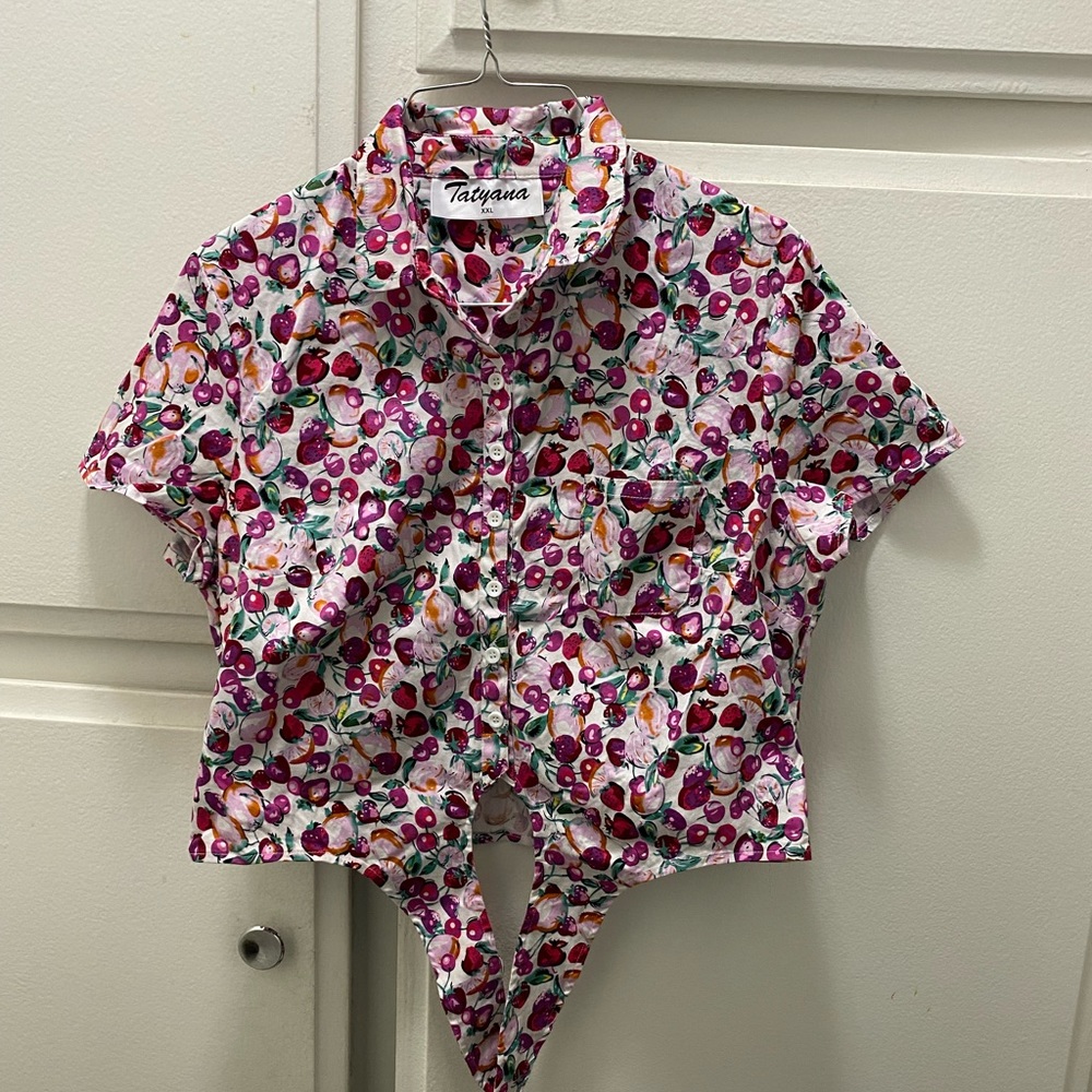 Tatyana Multicolor Cherry-Print Tie-Front Crop Top